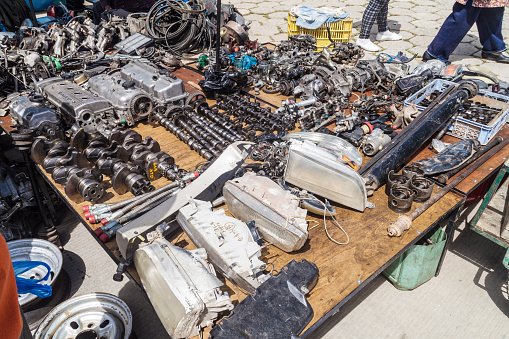EL ALTO, BOLIVIA - APRIL 23, 2015: Spare parts of vehicles for sale at a market in El Alto, Bolivia.