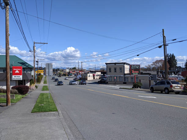vista a la calle de la calle principal del centro histórico de snohomish, con montañas al fondo - snohomish county fotografías e imágenes de stock