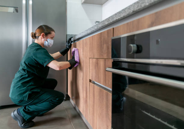 Latin American cleaner wearing a facemask while cleaning the kitchen Latin American cleaner wearing a facemask while cleaning the kitchen at a house during the COVID-19 pandemic cleaning cupboard stock pictures, royalty-free photos & images