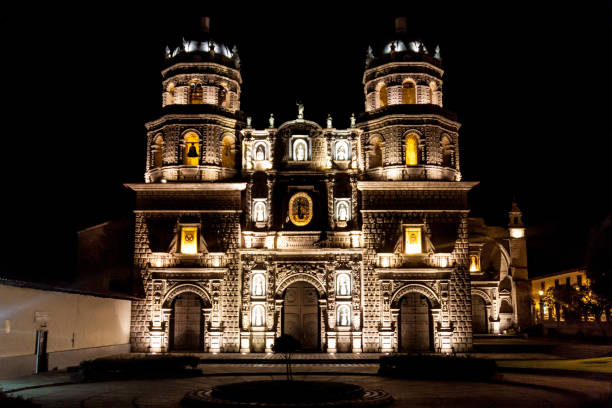 Night view of a cathedral in Cajamarca, Peru. Night view of a cathedral in Cajamarca, Peru. cajamarca region stock pictures, royalty-free photos & images