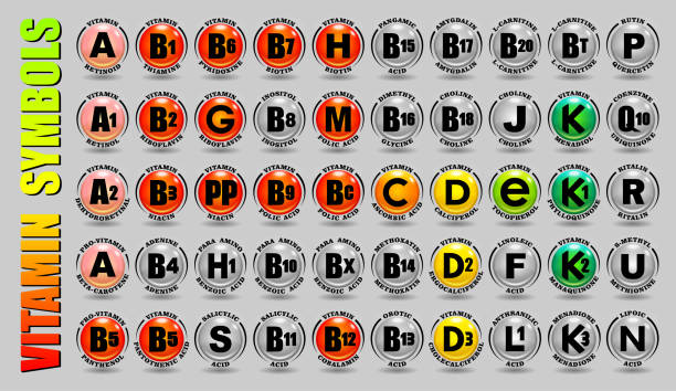 모든 비타민 a, b, c, d, e, k 아이콘 및 비 비타민 f, g, h, j, l, m, n, p, q10, r, s, 3d 벡터 만화 기호 및 화학 요소 이름의 u 사인의 전체 복합 세트 - vitamin d vitamin b1 vitamin pill nutritional supplement stock illustrations