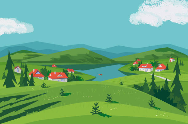 ilustrações de stock, clip art, desenhos animados e ícones de mountain valley lake scenic view landscape poster - russia river landscape mountain range