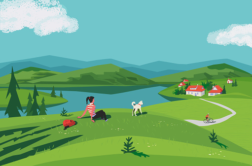 Mountain green valley lake vector landscape. Summer season scenic view poster. River side village in mountains. Girl, dog travel to countryside cartoon illustration. Nature outdoors trip background