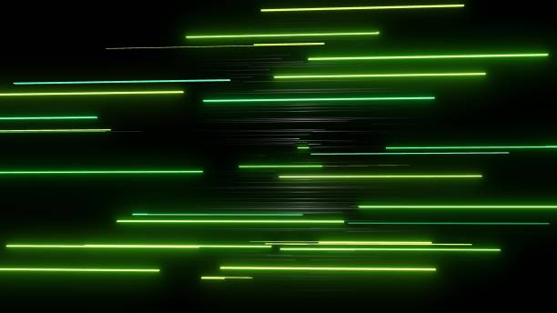 istock 3d render. abstract simple geometric background with green rectangles like elongated light bulbs flashing neon lights fly in air. Creative simple motion design bg 1312533329