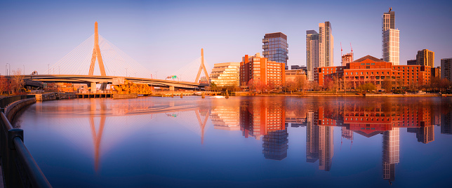 Crystal clear mirrorlike Boston Skyline and Buildings reflected on Charles River at twilight in April
