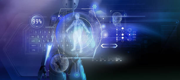 istock The alien is studying the data set about the man. 3D render 1312534316