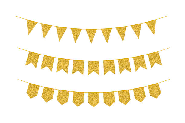 Golden glitter garland made from pennants or flags. Gold dust textured garland bunting for birthday party decoration. Vector illustration of sparkle design element vector art illustration