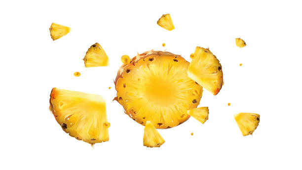 Slices of pineapple with droplets of juice in flight. Pineapple slices with juice droplets scatter in different directions. Realistic style illustration. pineapple stock illustrations