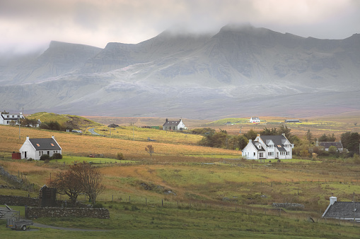 Rural countryside mountain landscape of Trotternish Ridge outside Staffin village on the Isle of Skye, Scotland.