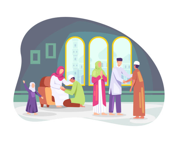 Happy Eid al-fitr vector illustration Muslim people celebrating Eid al-fitr, Shaking hands wishing each other. Families gather together, Muslim man kissing her mother hand, Tradition of Eid al-Fitr. Vector in flat style muslim family stock illustrations