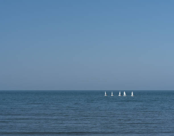 5 white sailboats sailing into the endless blue