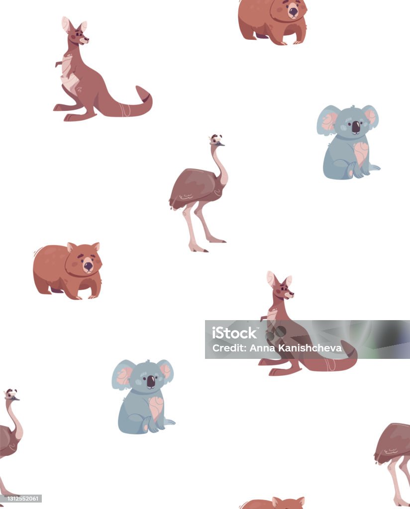 Seamless Vector Pattern With Australian Animals Kangaroo Wombat Ostrich  Koala Funny Animals Print For Printing On Tshirts Packaging Wallpaper Paper  Posters Isolated White Flat Style Stock Illustration - Download Image Now -  iStock