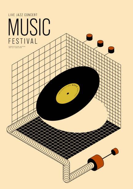 비닐 레코드와 등등 그리드 라인 음악 포스터 디자인 템플릿 배경 - 레코드 아날로그 오디오 일러스트 stock illustrations