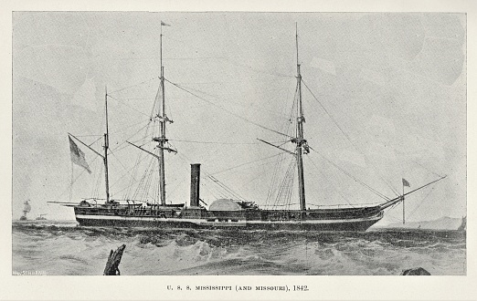 USS Mississippi and Missouri, designed in 1842, were two large side-wheel frigates with steam engines. Illustration published in Steam Navy of the United States by Frank M. Bennett (Press of W.T. Nicholson: Pittsburgh) in 1896. Copyright expired; artwork is in Public Domain.
