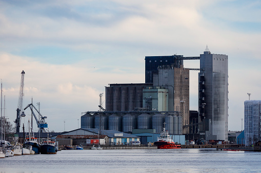 Halmstad, Sweden, A view of the harbor and grain silos.
