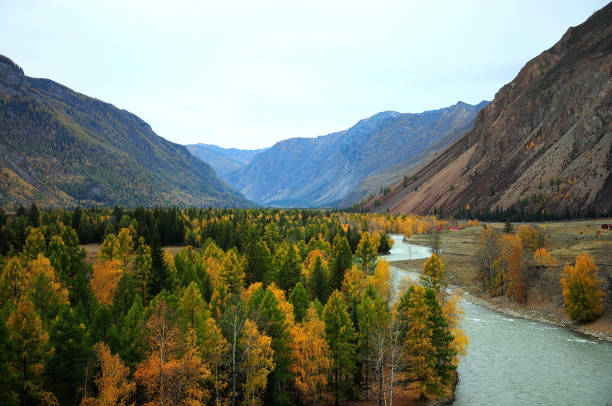 istock A beautiful turquoise river flows serenely through a picturesque autumn valley surrounded by high mountains. 1312564011