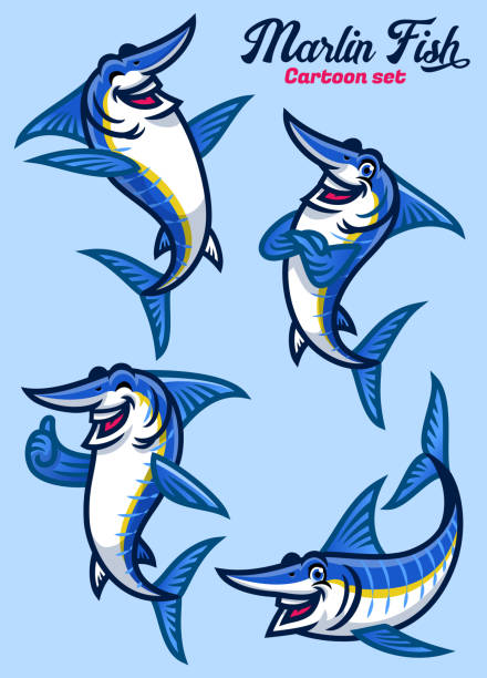 ilustrações de stock, clip art, desenhos animados e ícones de set of cartoon character of marlin fish - marlin sailfish nature saltwater fish