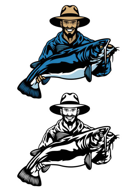illustrazioni stock, clip art, cartoni animati e icone di tendenza di pescatore tenere il pesce gatto grande - lake coastline blue nautical vessel