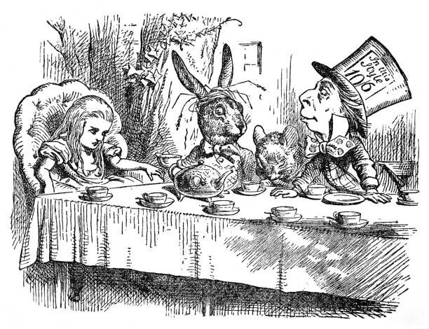 illustrazioni stock, clip art, cartoni animati e icone di tendenza di 1897 - the mad hatter tea party - mad hatter