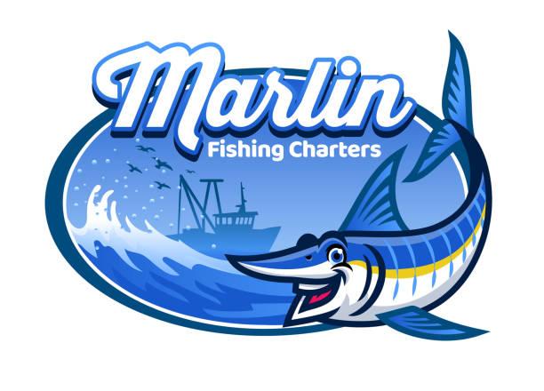 cartoon marlin angeln charakter - lake coastline blue nautical vessel stock-grafiken, -clipart, -cartoons und -symbole