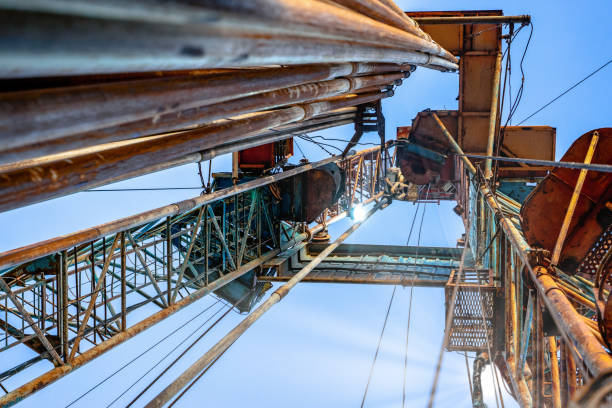 istock Drilling rig in oil field for drilled into subsurface in order to produced crude, inside view. Petroleum Industry. Onshore drilling rig 1312567889