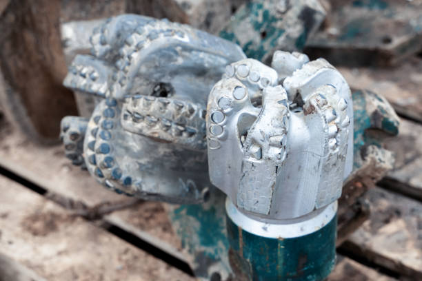 vista de perto sobre o cortador de rolos de brocas para máquinas de perfuração e equipamentos para a indústria de petróleo e gás. brocas modernas com diamante e dentes compostos - exploration industry oil industry drill bit - fotografias e filmes do acervo