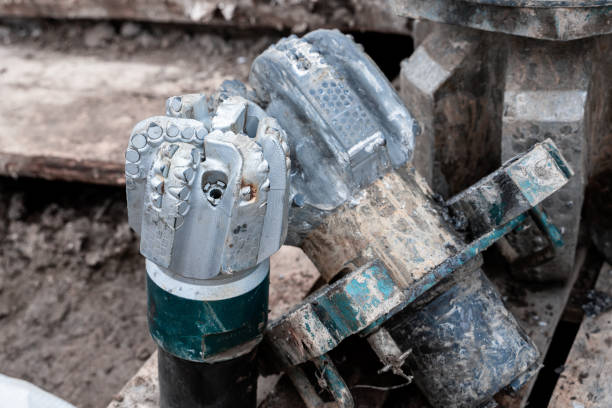 vista de perto sobre o cortador de rolos de brocas para máquinas de perfuração e equipamentos para a indústria de petróleo e g�ás. brocas modernas com diamante e dentes compostos - exploration industry oil industry drill bit - fotografias e filmes do acervo