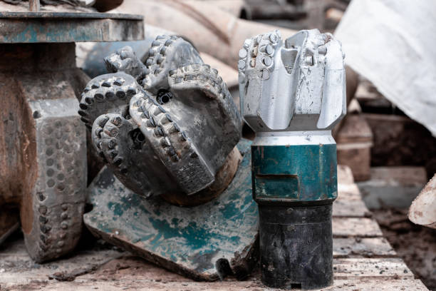 vista de perto sobre o cortador de rolos de brocas para máquinas de perfuração e equipamentos para a indústria de petróleo e gás. brocas modernas com diamante e dentes compostos - exploration industry oil industry drill bit - fotografias e filmes do acervo