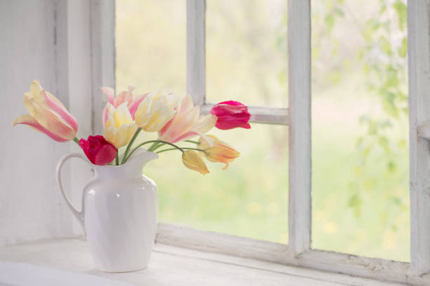 istock beautiful tulips in vase on white windowsill 1312574711