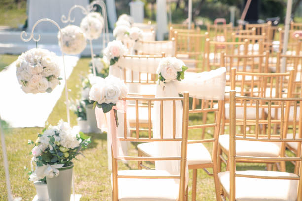 istock Wedding Place Gold Chair with Bouquet. Selective Focus. 1312575412