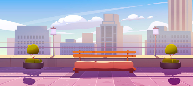 Rooftop Terrace With Bench On City View Background Stock Illustration -  Download Image Now - Balcony, Cityscape, Rooftop Deck - iStock