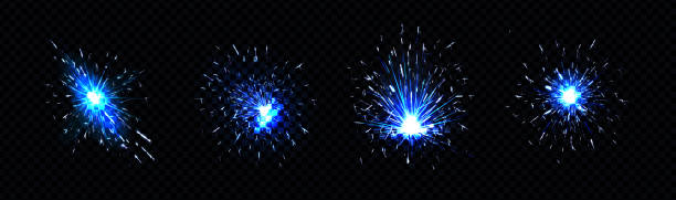 Blue sparks of welding, firework petard flare Blue sparks of welding, firework petard flare, sparklers or iron cutting works. Bright glowing light flashes with particles, electric circular saw isolated on black background, Realistic 3d vector set sparks stock illustrations