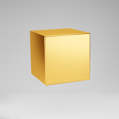3d gold metallic cube isolated on grey background. Render a rotating glossy golden 3d box model in perspective with lighting and shadow. Realistic vector geometric shape.