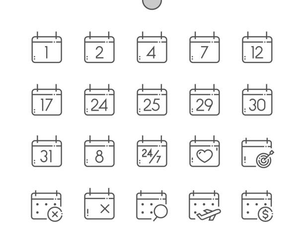 ilustrações de stock, clip art, desenhos animados e ícones de calendar with numbers. today, payday, search data, schedule. calendar with cross marks and heart. pixel perfect vector thin line icons. simple minimal pictogram - 6 12 months illustrations