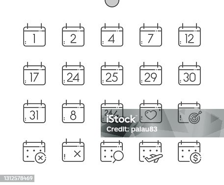 istock Calendar with numbers. Today, payday, search data, schedule. Calendar with cross marks and heart. Pixel Perfect Vector Thin Line Icons. Simple Minimal Pictogram 1312578469