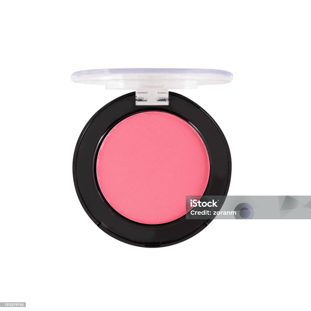 Pink blusher in round open container isolated on white Pink blusher make-up in round open container, white background, clipping path Make-Up Stock Photo
