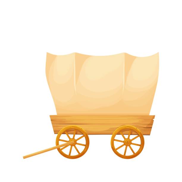 drewniany kryty wagon, retro wiejski transport w stylu kreskówki izolowane na białym tle zdjęcie wektor ilustracji. element dzikiego zachodu, atuty interfejsu użytkownika. wózek, wózek. - ox wóz stock illustrations