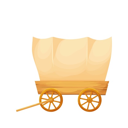 Wooden covered wagon, retro rural transport in cartoon style isolated on white background stock vector illustration. Wild west element, ui asset. Carriage, cart.