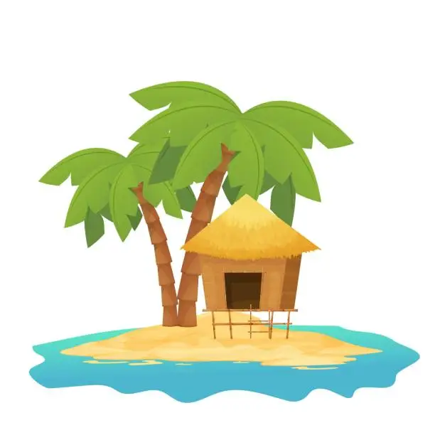 Vector illustration of Beach hut or bungalow with straw roof, wooden in cartoon style isolated on white background. Bamboo cabin, small house exotic object.