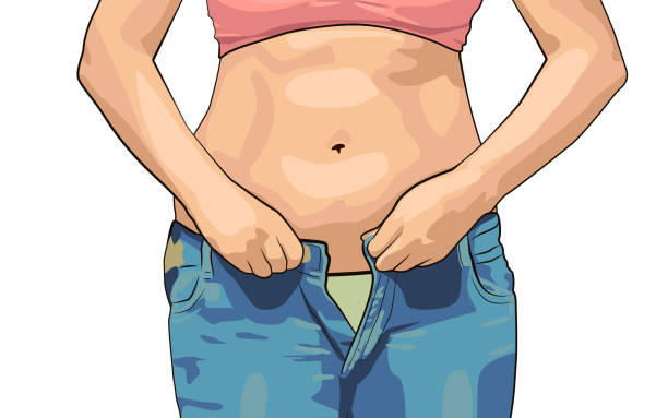ilustraciones, imágenes clip art, dibujos animados e iconos de stock de mujeres con vientre gordo. mujer gorda con gran vientre tratando de usar jeans apretados, sobrepeso - mano sobre cadera