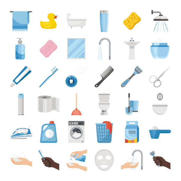 세트 욕실. 화장실 용품 및 세탁, 목욕 및 바디 케어를 위한 장비만화 스타일. - hygiene bathtub symbol toothbrush stock illustrations