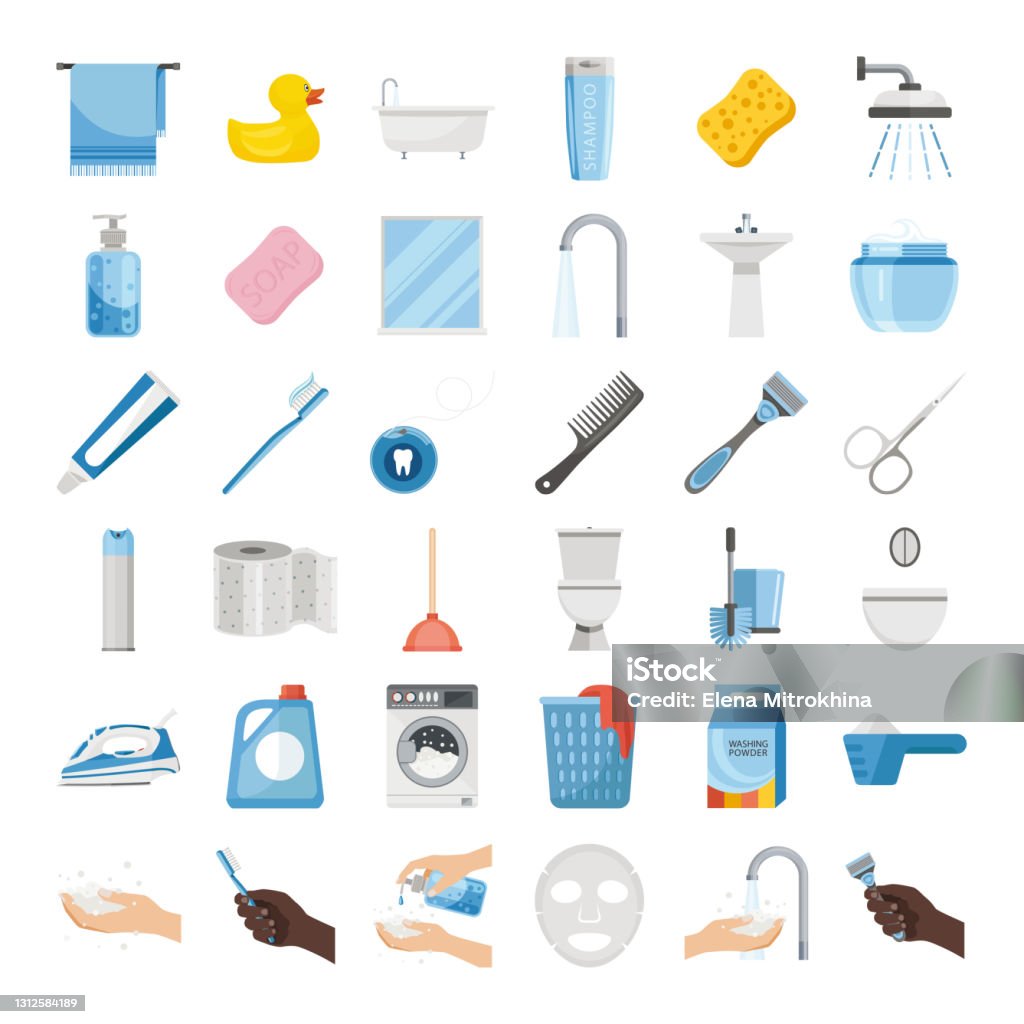 Set bathroom. Bathroom items and equipment for washing, bathing and body care in cartoon style. Set bathroom. Bathroom items and equipment for washing, bathing and body care in cartoon style. Vector illustration isolated on a white background for design and web. Icon Symbol stock vector