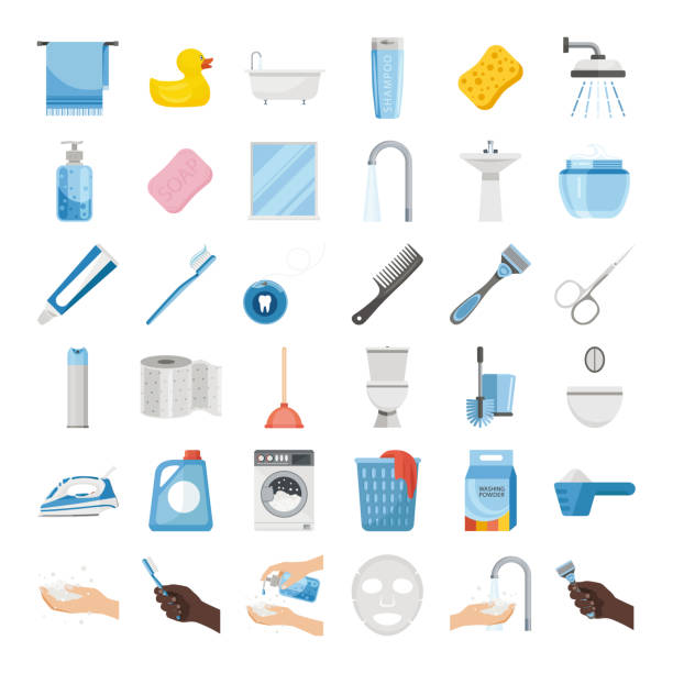 Set bathroom. Bathroom items and equipment for washing, bathing and body care in cartoon style. Set bathroom. Bathroom items and equipment for washing, bathing and body care in cartoon style. Vector illustration isolated on a white background for design and web. bathroom clipart stock illustrations