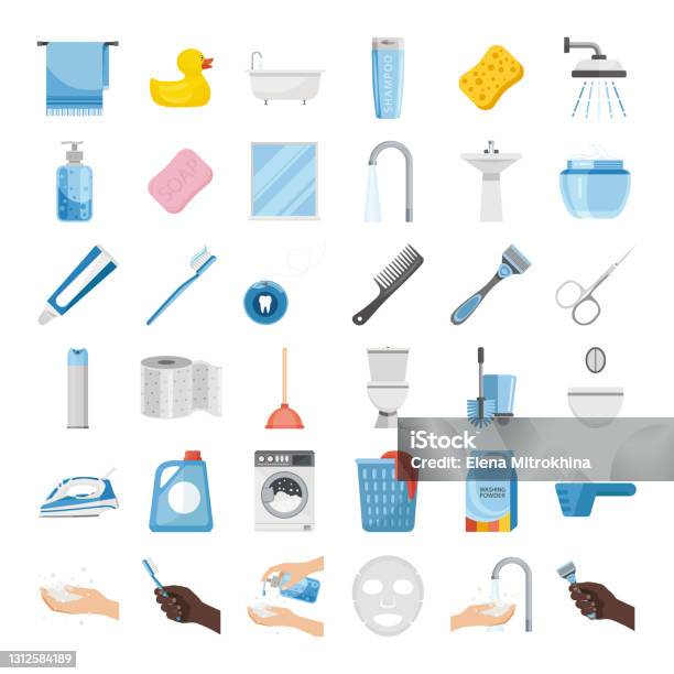 Set Bathroom Bathroom Items And Equipment For Washing Bathing And Body Care In Cartoon Style Stock Illustration - Download Image Now