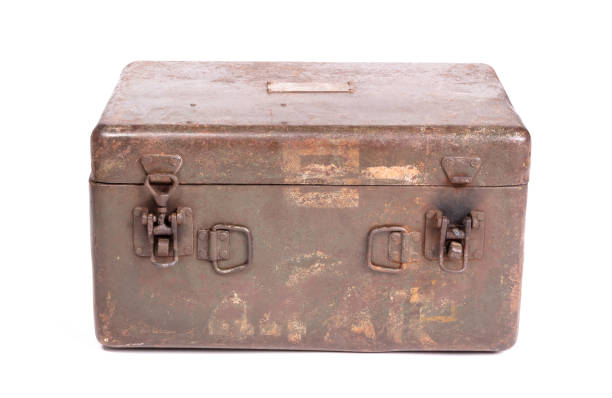 istock Old rusted green army case, isolated on white 1312585044