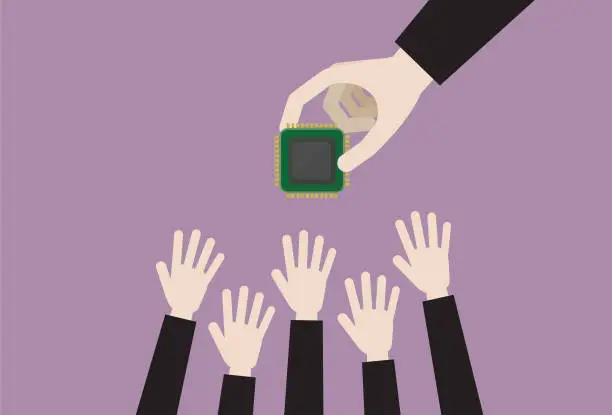 Vector illustration of Business people grab a computer chip