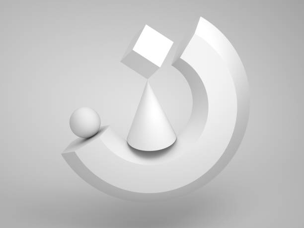 istock Abstract equilibrium installation with white geometric 3d shapes 1312590929