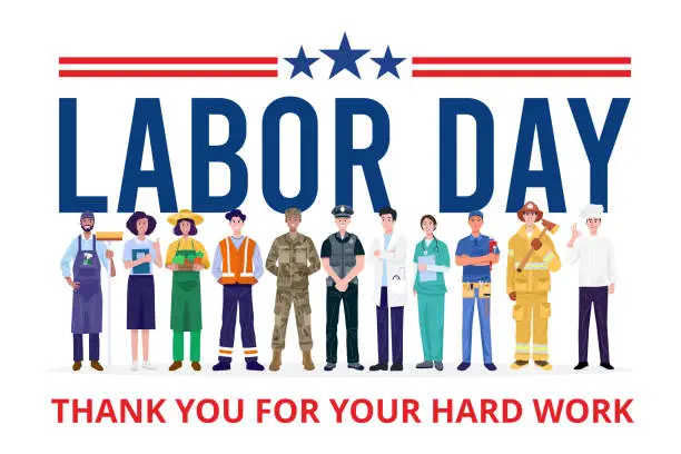 Vector illustration of Happy Labor Day. Group of People with Different Jobs. Vector