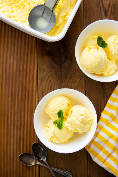 istock Vanilla ice cream scoops sundae in bowl on wooden background, copy space 1312592690