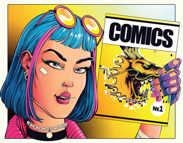Girl holding comic book in her hands, woman with magazine pop art Young pierced girl with a comic book reading comic book stock illustrations